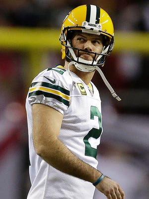 Green Bay Packers kicker Mason Crosby (2) shows his disappointment missing a field goal in the first half during the NFC Championship game between the  Green Bay Packers and the Atlanta Falcons, Sunday, January 22, 2016 at the Georgia Dome in Atlanta, Georgia.