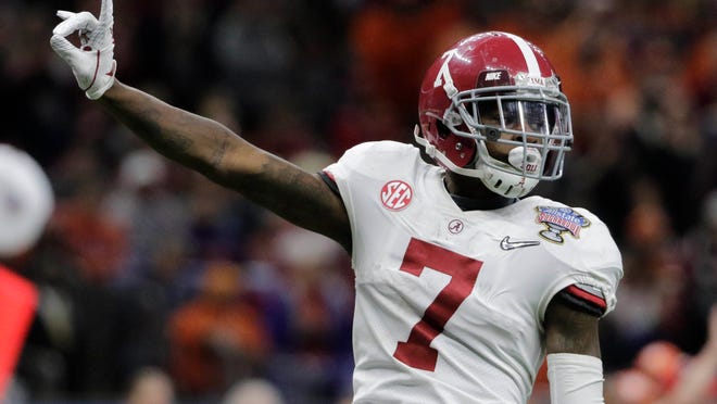 Jan 1, 2018; New Orleans, LA, USA; Alabama Crimson Tide defensive back Trevon Diggs (7) reacts during the third quarter against the Clemson Tigers in the 2018 Sugar Bowl college football playoff semifinal game at Mercedes-Benz Superdome. Mandatory Credit: Derick E. Hingle-USA TODAY Sports