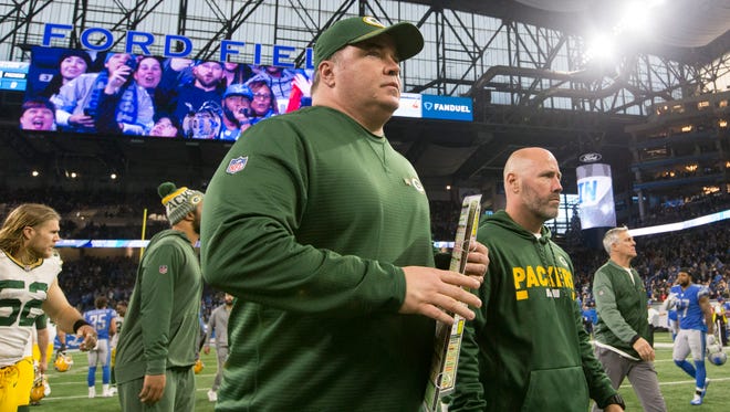 Green Bay Packers head coach Mike McCarthy leaves the field after a Dec. 31 loss to the Detroit Lions at Ford Field.