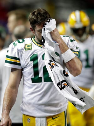 Green Bay Packers quarterback Aaron Rodgers (12) after leaving the game late in the fourth quarter of the Falcons 44 to 21 victory over the Packers.

The Green Bay Packers against the Atlanta Falcons during the NFC Championship game, January 22, 2017 at the Georgia Dome in Atlanta, Ga.