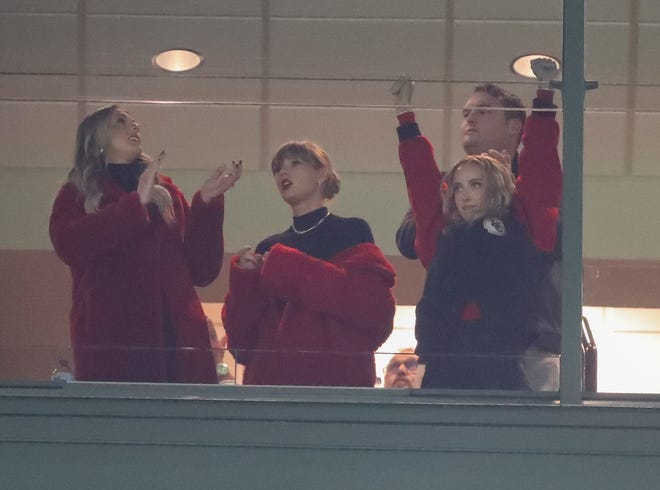 Pop star Taylor Swift (center) and Brittany Mahomes (right) watch a game between the Green Bay Packers and Kansas City Chiefs on Sunday, December 3, 2023, at Lambeau Field in Green Bay, Wis. The Packers won the game, 27-19.
Tork Mason/USA TODAY NETWORK-Wisconsin