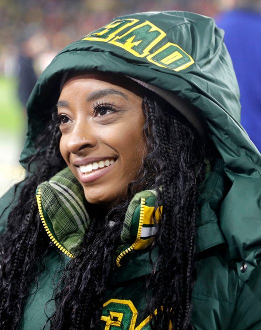 Simone Biles before the Green Bay Packers take on the Kansas City Chiefs during their football game Sunday, December 3, 2023, at Lambeau Field in Green Bay