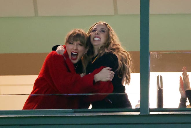 Taylor Swift, left, and Brittany Mahomes react in a suite during the game between the Kansas City Chiefs and the Green Bay Packers at Lambeau Field Sunday in Green Bay.