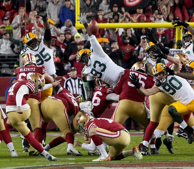 San Francisco 49ers place kicker Jake Moody kicks a 52-yard field goal during the fourth quarter of the NFC divisional playoff game Saturday, January 20, 2024 at Levi’ Stadium in Santa Clara, California. The 49ers beat the Green Bay Packers, 24-21.