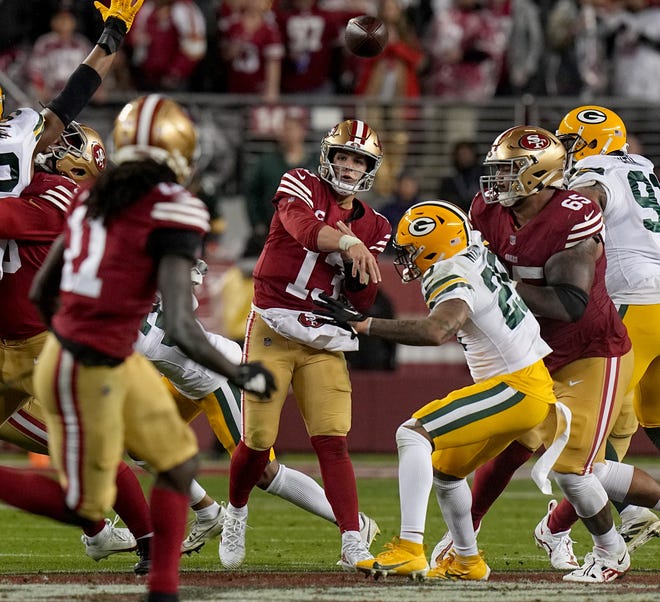 San Francisco 49ers quarterback Brock Purdy (13) throws a pass during the third quarter of their NFC divisional playoff game Saturday, January 20, 2024 at Levi’ Stadium in Santa Clara, California. The San Francisco 49ers beat the Green Bay Packers 24-21.