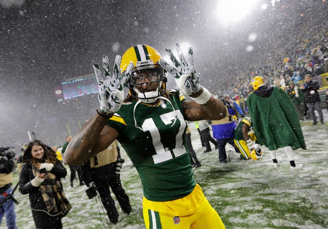 Green Bay Packers wide receiver Davante Adams (17) celebrates the teams eighth win after defeating the Carolina Panthers Sunday, November 10, 2019, at Lambeau Field in Green Bay, Wis. 
Dan Powers/USA TODAY NETWORK-Wisconsin