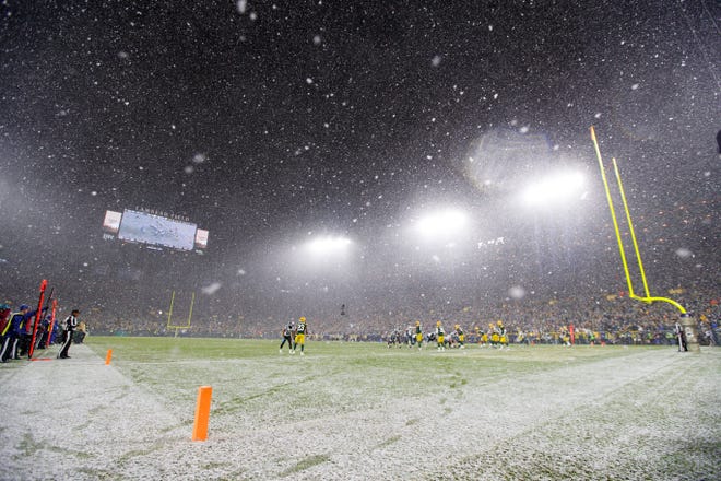 Nov 10, 2019; Green Bay, WI, USA; General view of snow falling during the fourth quarter of the game between the Carolina Panthers and Green Bay Packers at Lambeau Field.