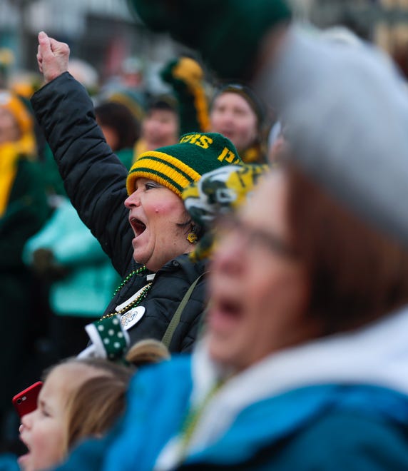 Kathy Wunderlich screams "Go Pack Go" as the pep rally ends on Friday, January 10, 2020, at Packers Heritage Trail in Green Bay, Wis. Ebony Cox/USA TODAY NETWORK-Wisconsin