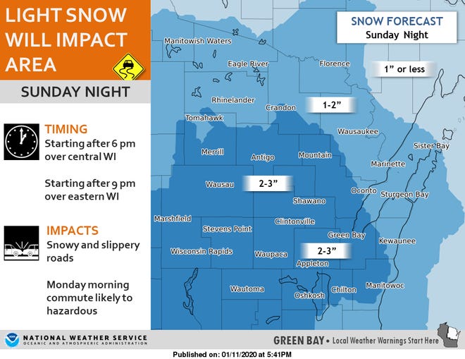 Light snow is expected to fall across central and northeast Wisconsin Sunday night into Monday morning.