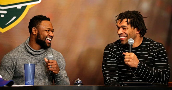 Then-Green Bay Packers running back Ty Montgomery (left) co-hosts Clubhouse Live in Appleton on Jan. 2, 2017. Montgomery's guest was linebacker and teammate Julius Peppers.