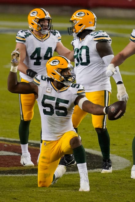 Green Bay Packers outside linebacker Za'Darius Smith (55) celebrates after recovering a fumble against the San Francisco 49ers during the second half of an NFL football game in Santa Clara, Calif., Thursday, Nov. 5, 2020.