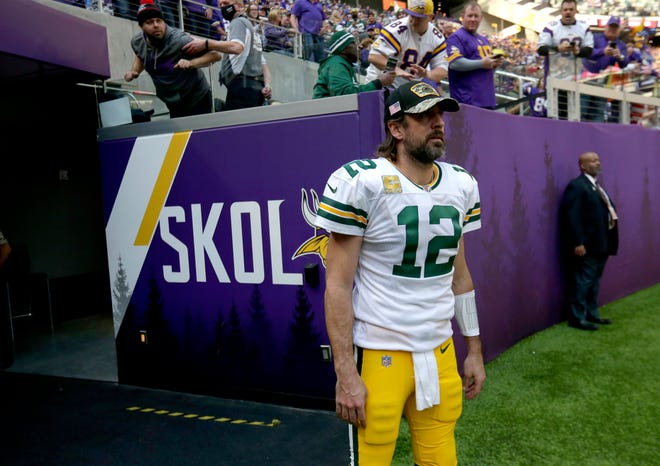 Green Bay Packers quarterback Aaron Rodgers watches the action on field right before halftime during their game Sunday at U.S. Bank Stadium in Minneapolis. The Minnesota Vikings beat the Green Bay Packers, 34-31.