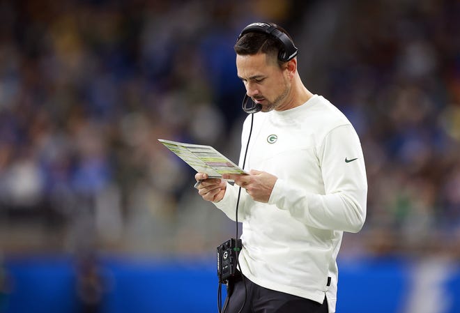 DETROIT, MICHIGAN - JANUARY 09: Head coach Matt LaFleur of the Green Bay Packers looks on during the first quarter against the Detroit Lions at Ford Field on January 09, 2022 in Detroit, Michigan.
