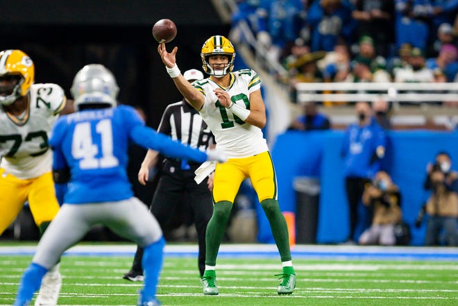 Jan 9, 2022; Detroit, Michigan, USA; Green Bay Packers quarterback Jordan Love (10) passes the ball during the fourth quarter against the Detroit Lions at Ford Field. Mandatory Credit: Raj Mehta-USA TODAY Sports