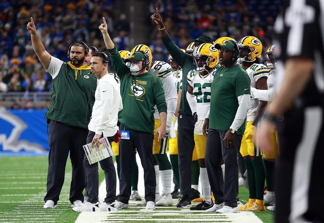 DETROIT, MICHIGAN - JANUARY 09: Head coach Matt LaFleur of the Green Bay Packers looks on during the second quarter against the Detroit Lions at Ford Field on January 09, 2022 in Detroit, Michigan.