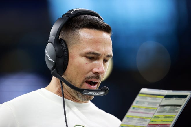 DETROIT, MICHIGAN - JANUARY 09: Head coach Matt LaFleur of the Green Bay Packers looks on during the first half against the Detroit Lions at Ford Field on January 09, 2022 in Detroit, Michigan.