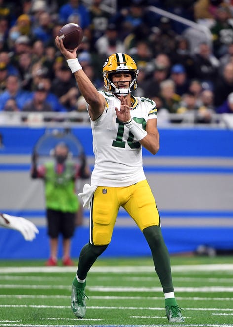 Packers QB Jordan Love throws a pass against the Detroit Lions during the third quarter at Ford Field on Jan. 9, 2022.