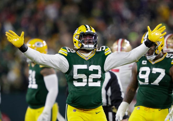 Green Bay Packers outside linebacker Rashan Gary (52) celebrates a fumble against the San Francisco 49ers in the second quarter during their NFL divisional round football playoff game Saturday January 22, 2022, at Lambeau Field in Green Bay, Wis. 
Dan Powers/USA TODAY NETWORK-Wisconsin