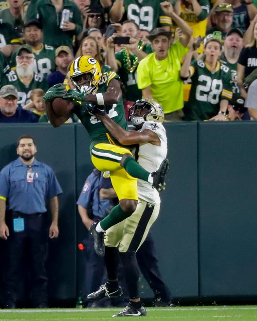 Green Bay Packers wide receiver Romeo Doubs (87) makes a touchdown reception over New Orleans Saints cornerback Brian Allen during their football game on Friday, August 19, 2022, at Lambeau Field in Green Bay, Wis. The Packers won the game, 20-10.
Tork Mason/USA TODAY NETWORK-Wisconsin