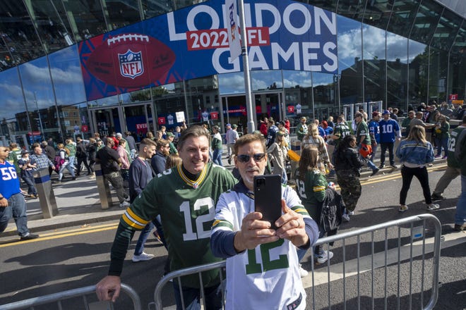 London brother Simon and Tim Gray makes a selfie before the Green Bay Packers game against the New York Giants Sunday, October 9, 2022 outside Tottenham Hotspur Stadium in London. The Green Bay Packers will play their first game ever in the United Kingdom on Sunday against the New York Giants.