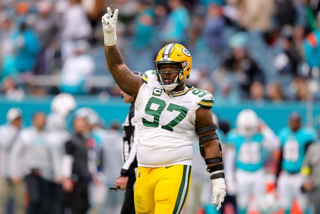 Kenny Clark of the Green Bay Packers reacts after defeating the Miami Dolphins at Hard Rock Stadium on Dec. 25, 2022, in Miami Gardens, Florida.